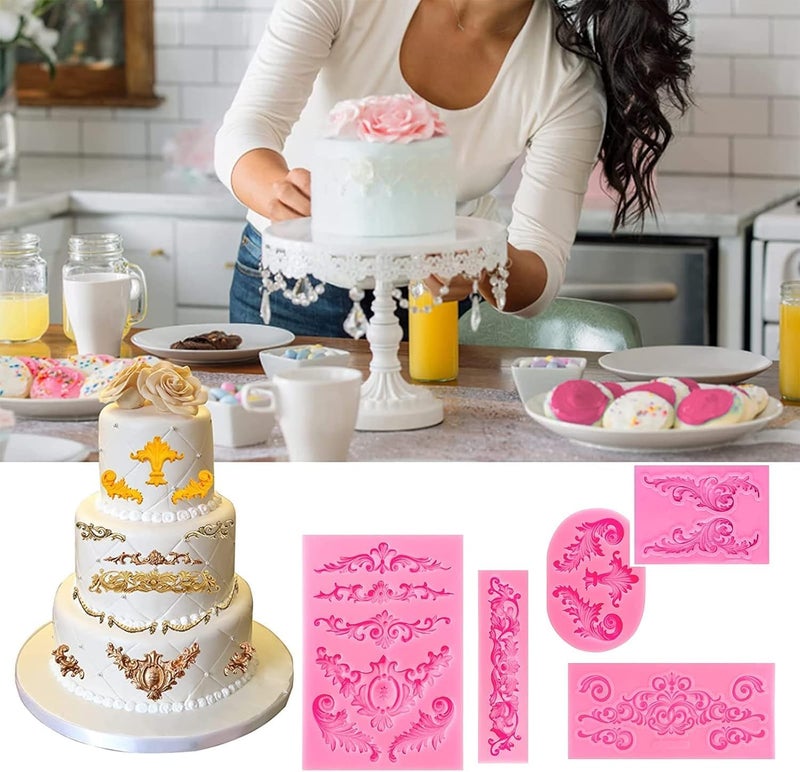Pofflujent 5 Pcs Baroque Silicone Molds Baroque Style Curlicues Scroll Lace Fondant Silicone Mold Scroll silicone Baroque Mold Relief Flower Lace Mould for Wedding Birthday Cake Decoration - Image 3